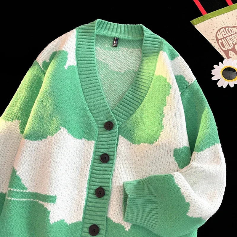 Korean Version Comfortable Breathable Mens V-neck Cardigan Sweater Autumn Winter Color Blocked Printed Knitted Jacket 241218