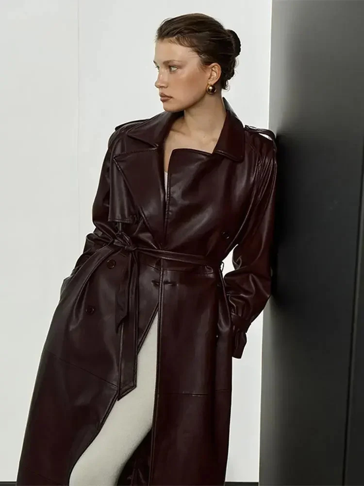 Womens Burgundy Pu Leather Long coat 2024 Fashion Lapel Vintage Overcoat With Belt Autumn Winter Chic Warm Solid Outerwear 241219 - view 7