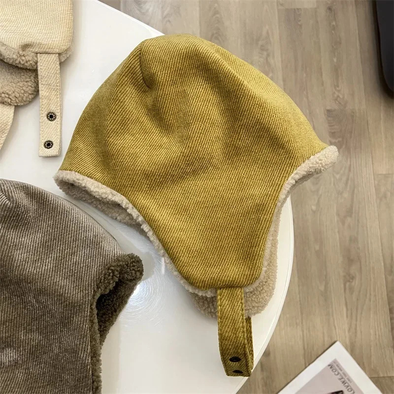 Korea Winter Corduroy Flannel Velvet Warm Lei Feng Hat Men Women Outdoor Wind Snow Travel Ear Protection Ski Bomber Hat 241218