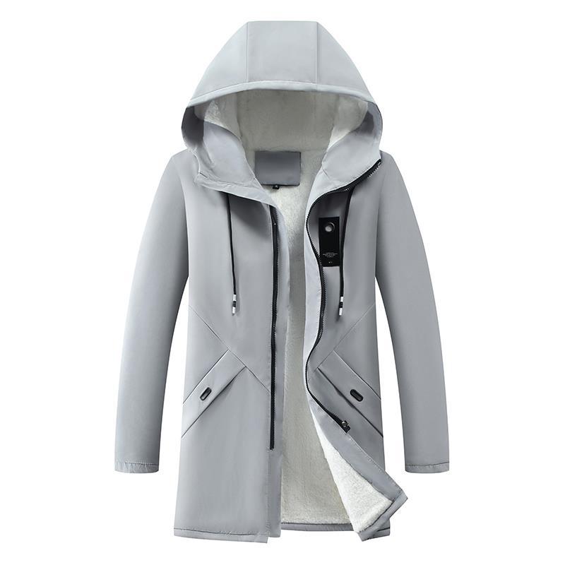 Thickened Midi Length Men's Winter Jacket - Pure Colored Fleece Sweater with Hood & Zipper Closure