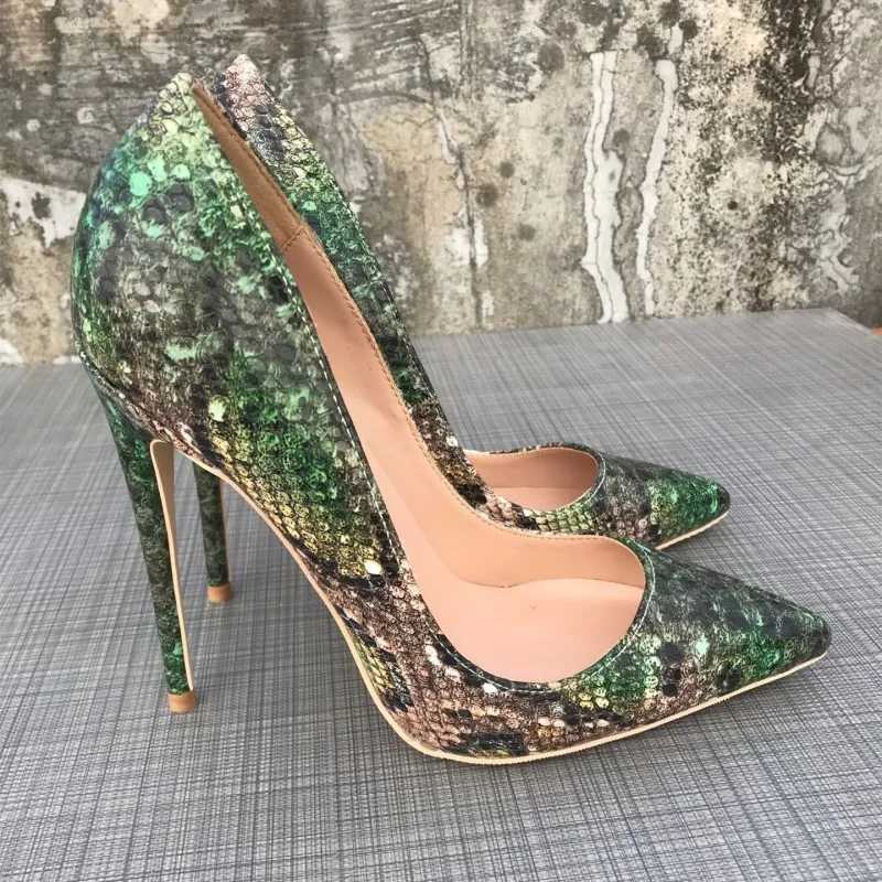 Sexy ultra-fine heelgirls sexy high heels printed multi colors stilettos 12cm wedding shoes Green snake pattern woman shoesC241218