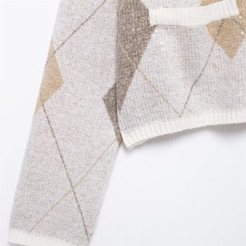 UNIZERA womens knitted jacket cardigan round neck long sleeved pearl embellished diamond pattern autumn sweater 241219