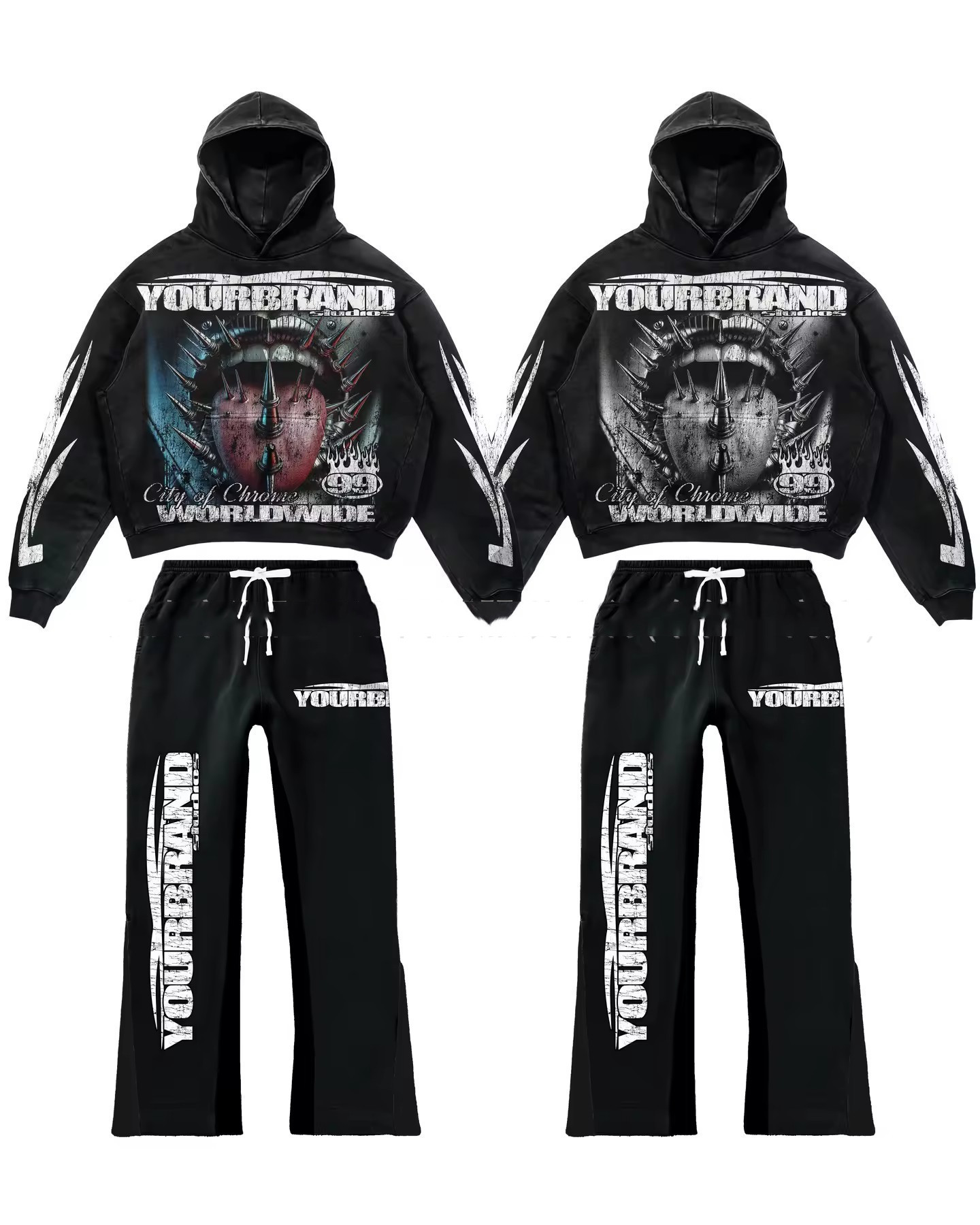 Men's sports letter print splicing loose hoodie hip-hop street wear men's and women's pullovers couple two-piece set street sports pant