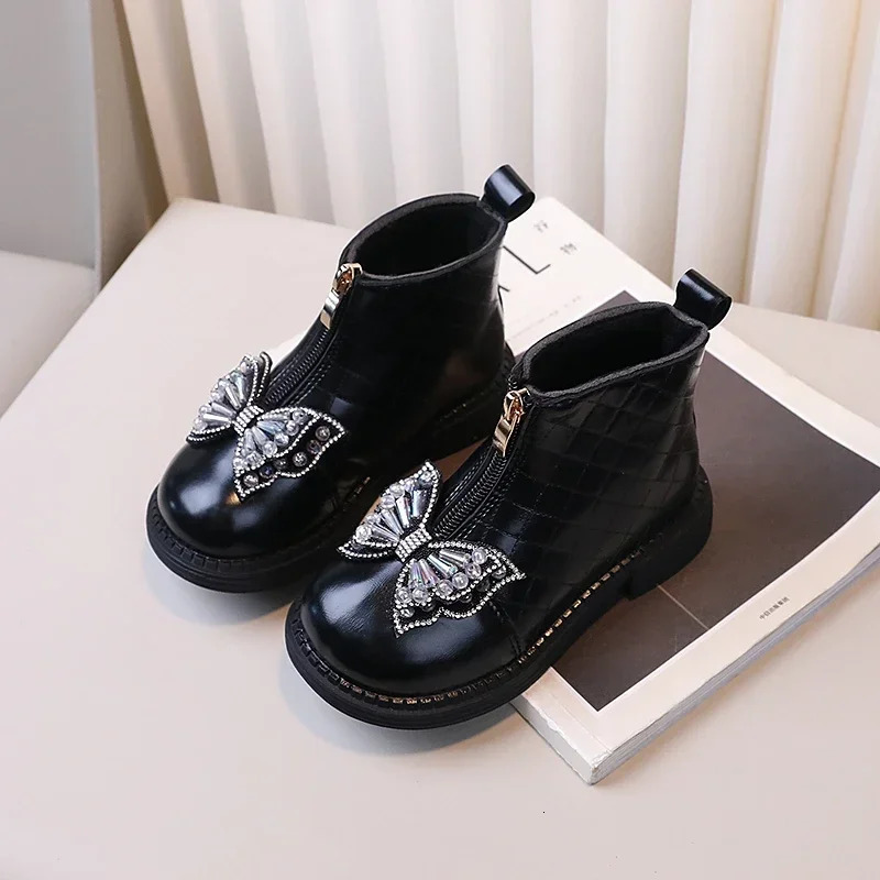 Kids Warm Fashion Boots Non-slip Girls Princess Shoes with Sweet Bow Children Short Leather Boots with Front Zipper 241219