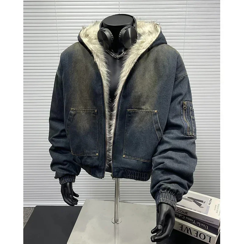 New Autumn Winter Loose Denim With Thickened And Warm Retro Design, Hooded Cotton Jacket, Fashionable Men's Jacket
