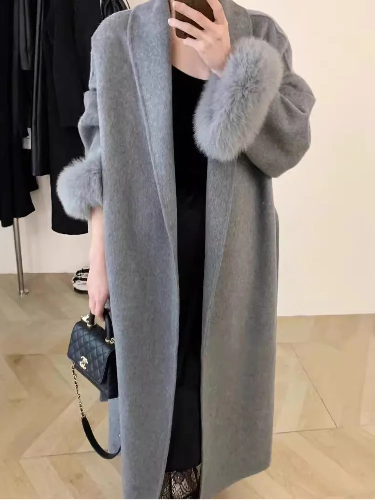 JXNH Womens Long Lapel Doublesided Cashmere 2024 Autumn And Winter Item Detachable Cuffs Loose Versatile Coat 241219