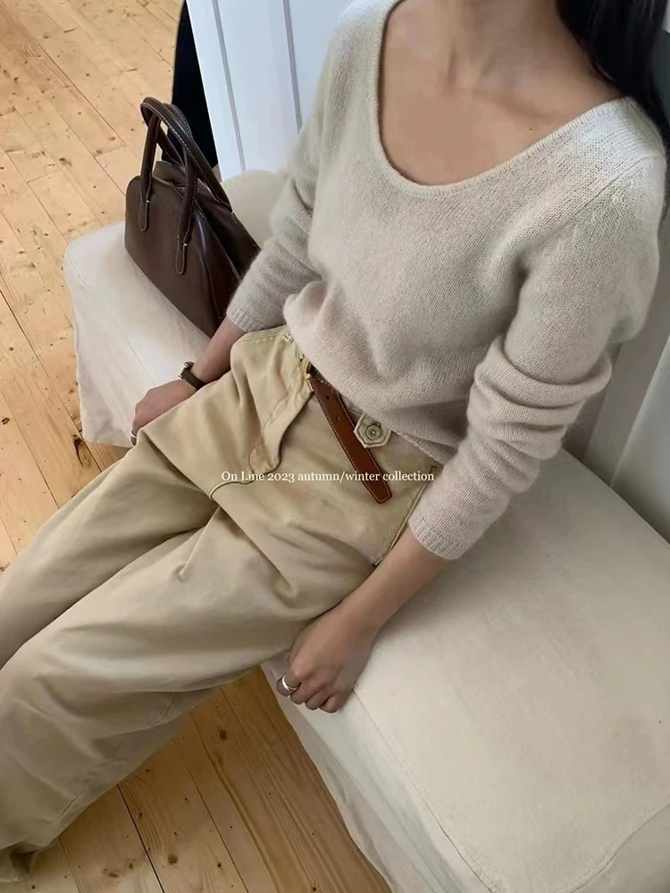 Large U-Neck 100% Pure Wool Sweater Womens Short Long Sleeve Pullover Loose Base Chic Top Spring Autumn High Quality 241217