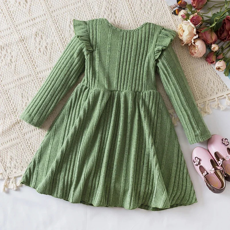 Year Red Girl Knitting Rib Wool Long Sleeve Princess Dress Autumn Winter Warm Sweater Dress Kid Christmas Casual Clothes 241219