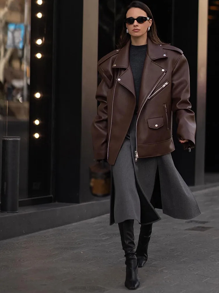 Lapel Zipper Leather Jacket Coat Silhouette Loose Solid Color Womens Casual Biker Jackets Retro Street Overcoat Autumn Top 241219