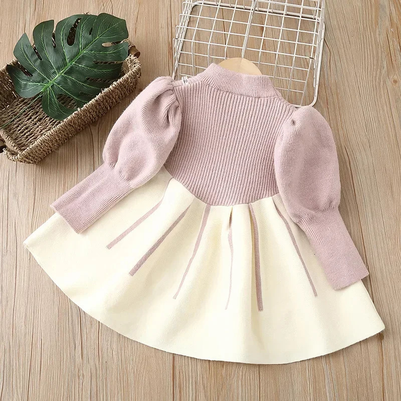 Girls Casual Dresses Bow Puffy Sleeve Sweater Girls Winter Clothes Kids Dresses for Girls 2 To 8 Years Princess Dress Toddler 241219