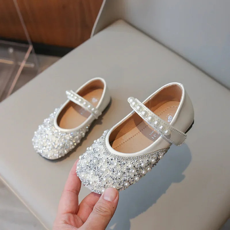 Kids Leather Shoes Spring Autumn Fashion Sequins Pearl Girls Princess Shoes Soft Bottom 241219