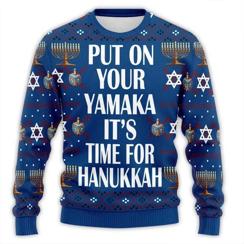 2024 Hanukkah Menorah 3D printed ugly Christmas sweater suitable for unisex clothing Chanukah mens sportswear holiday latte art boys sportswear W24121