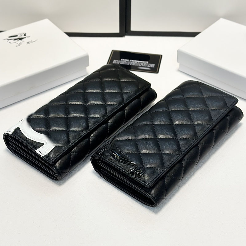 Designer Women Quilted Lambskin Leather Folding Bag Long Wallet Two-tone Embroidery Letters Pattern Multi Pochettes Luxury Card Holder Purse Coin Pouch 19x10cm