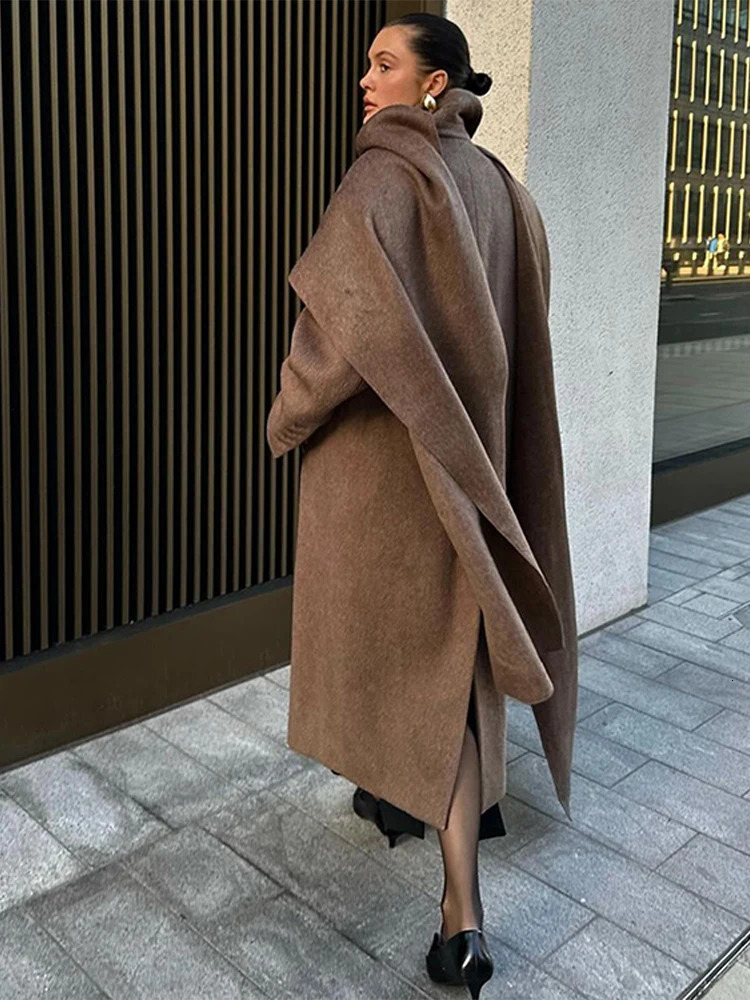 Vintage Hidden Button Long Coats With Scarf Women Casual Solid Lapel Slit Maxi Female Winter Chic Elegant Street Overcoats 241217