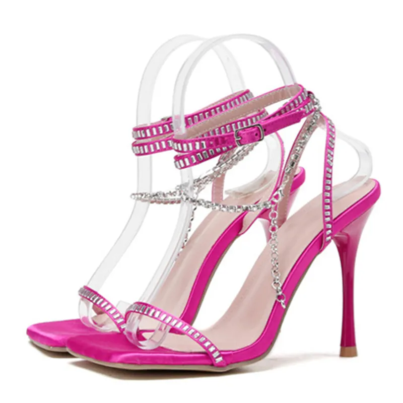 Liyke 2024 New Sexy Crystal Chain Ankle Strap Sandals Women Summer Party Wedding Banquet Shoes Square Toe Rhie High Heels