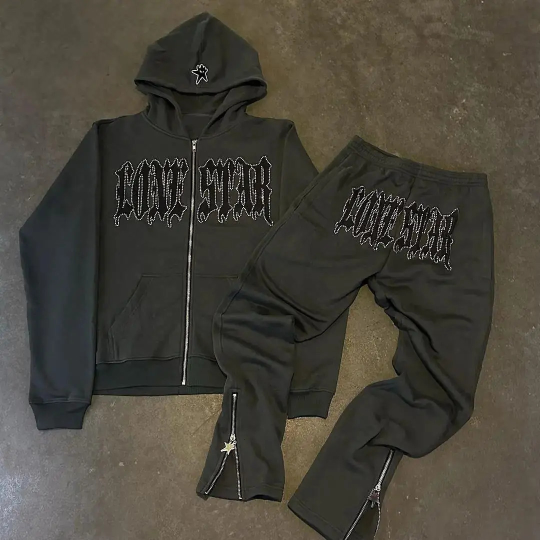 Aesthetic Streetwear Man Set Sweatshirts Y2K Classic Fashion Women Hooded Rhinestones Graphics Rock Vintage Hip Hop Zip Hoodies 241218