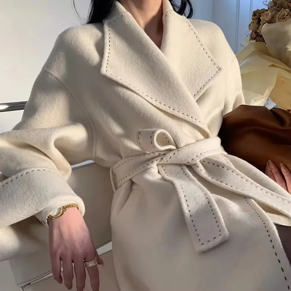 Autumn Winter DoubleSided Cashmere Coat Women Long Loose Turndown Collar Belt Wool Casual Fashion Outwear 241217