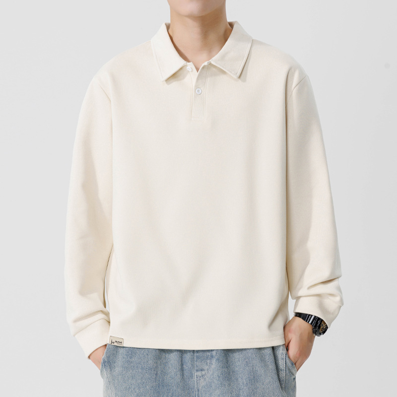 141 Men Long-sleeved Autumn and Winter Heavy Loose Solid Color Lapel Youth Casual Long-sleeved T-shirt