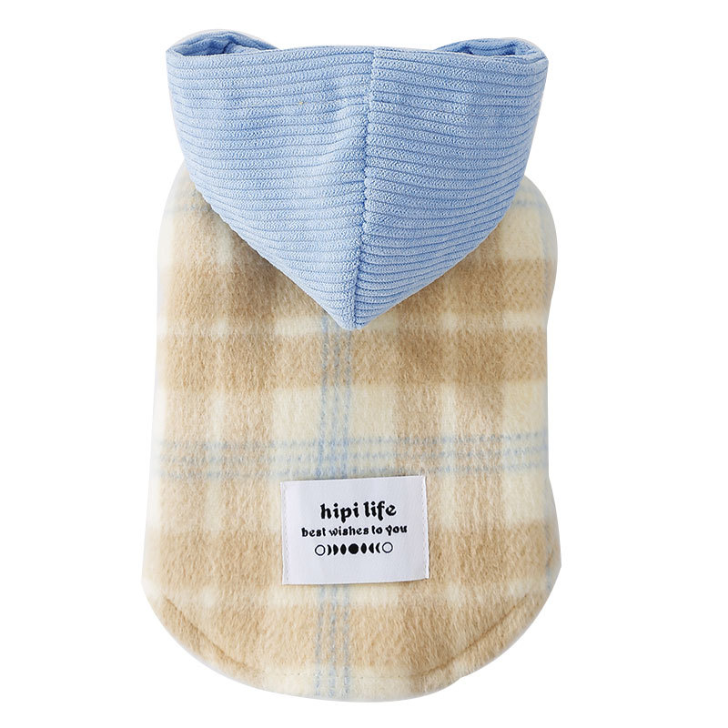 Cross border plush thick little dog clothing checkerboard patterned hooded winter Dog Apparel Pet Clothes