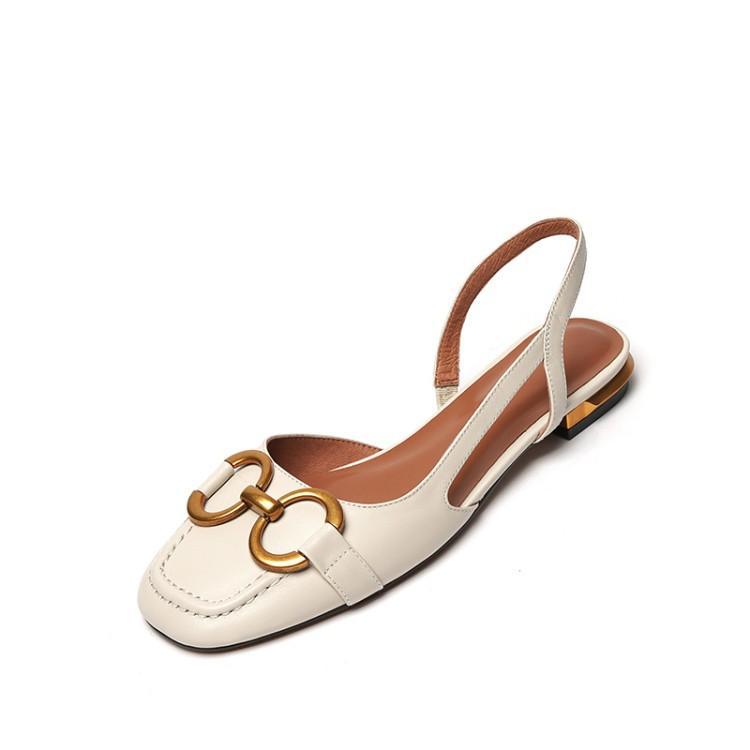 Women's genuine leather sqaure toe slip-on thick med heel summer mules metal buckle decoration casual female heels sandals