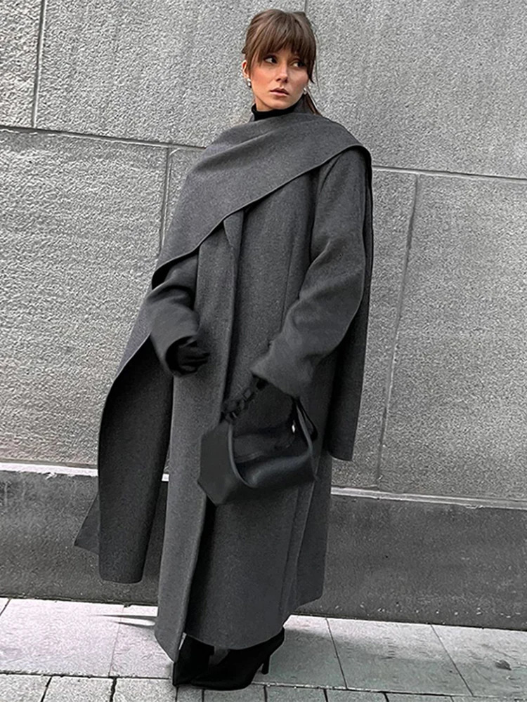 Vintage Hidden Button Long Coats With Scarf Women Casual Solid Lapel Slit Maxi Female Winter Chic Elegant Street Overcoats 241217