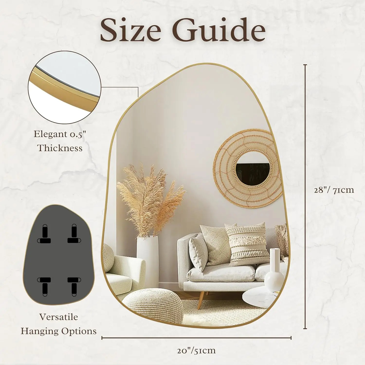 PERFNIQUE irregular wall mirror asymmetric mirror 28 inch x 20 inch gold wood frame mirror used for bathroom bedroom living room entrance 241211
