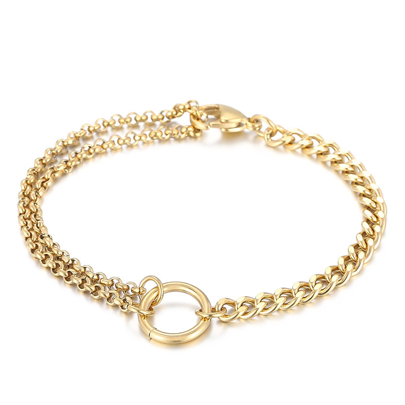Fashion Punk Unisex Style Retro Silver Gold Color Stainless Steel Circle Charm Link Double Chains Bracelet Jewelry