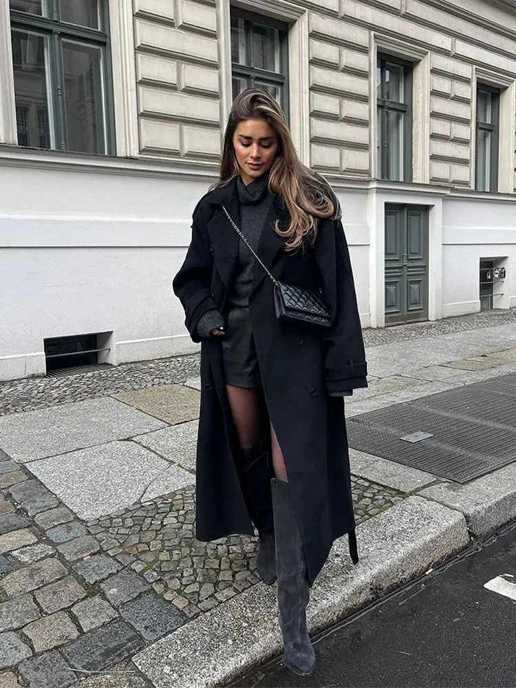 Elegant With Belt Black Long Coat For Women Oversize Woolen Double Button Lapel Overcoat Autumn Lady High Street Outerwear 241227