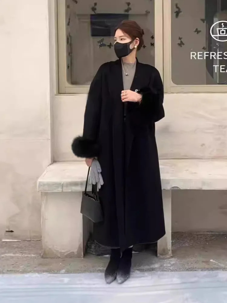 JXNH Womens Long Lapel Doublesided Cashmere 2024 Autumn And Winter Item Detachable Cuffs Loose Versatile Coat 241219