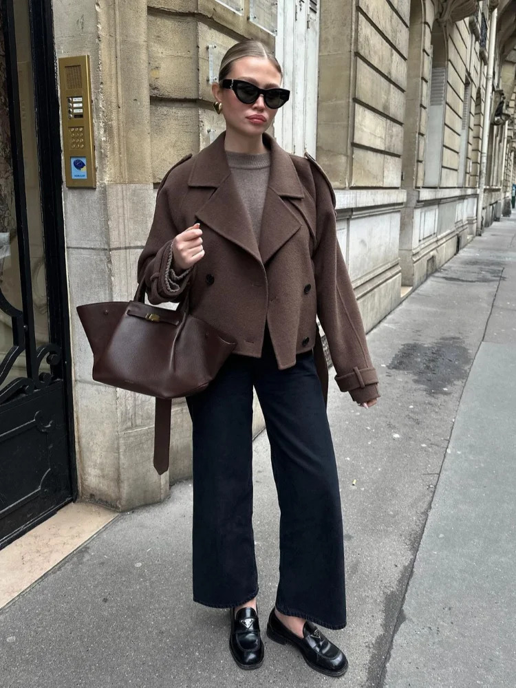 Double Breasted Long Sleeved Lapel Womens Woolen Coats Casual Solid Color Pocket Short Jacket Lady Commuting Autumn Streetwears 241218