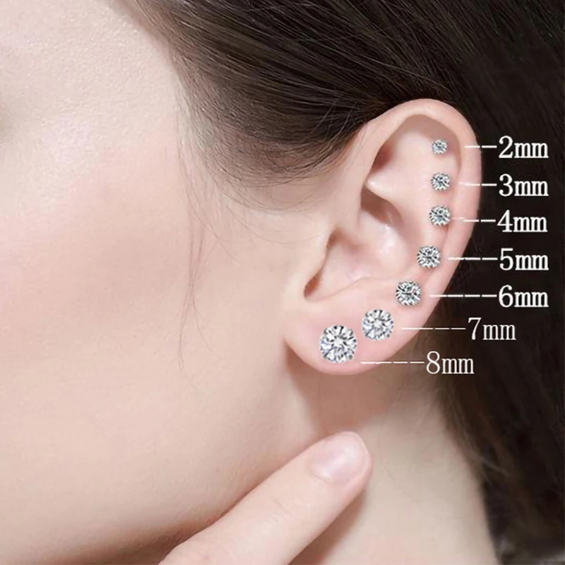 Unisex Durable Silver-Tone Cubic Zirconia Studs Securely Fastened by Screws Ideal Fit for Various Ear Positions