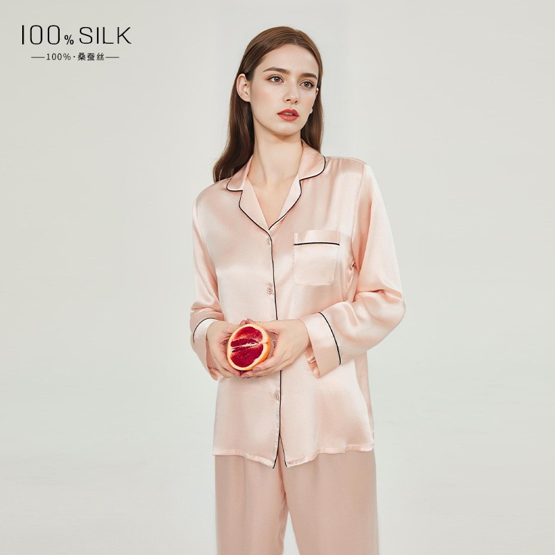 S7-Spring and Autumn Silk Pajamas Ladies Summer New Long Sleeve Pants 100% Mulberry Silk Home Clothes Set