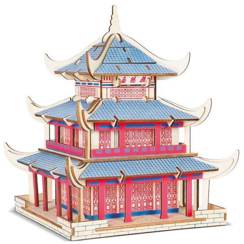 3D Wooden Pagoda Puzzle DIY Building Temple Model Wood Toy Chinese Architecture Yellow Crane Yueyang Tower For Children KidsXJ241218