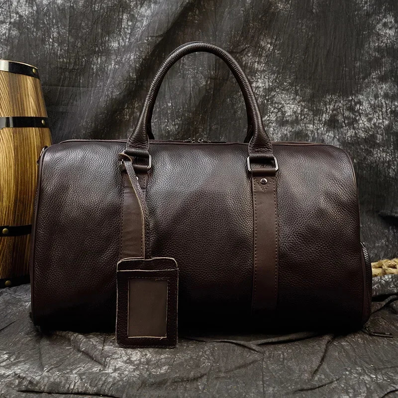 Genuine Leather Men Women Travel Bag Cow Leather Carry On Luggage Bag Travel Shoulder Bag Men Female Weekend Duffle Bag 241212