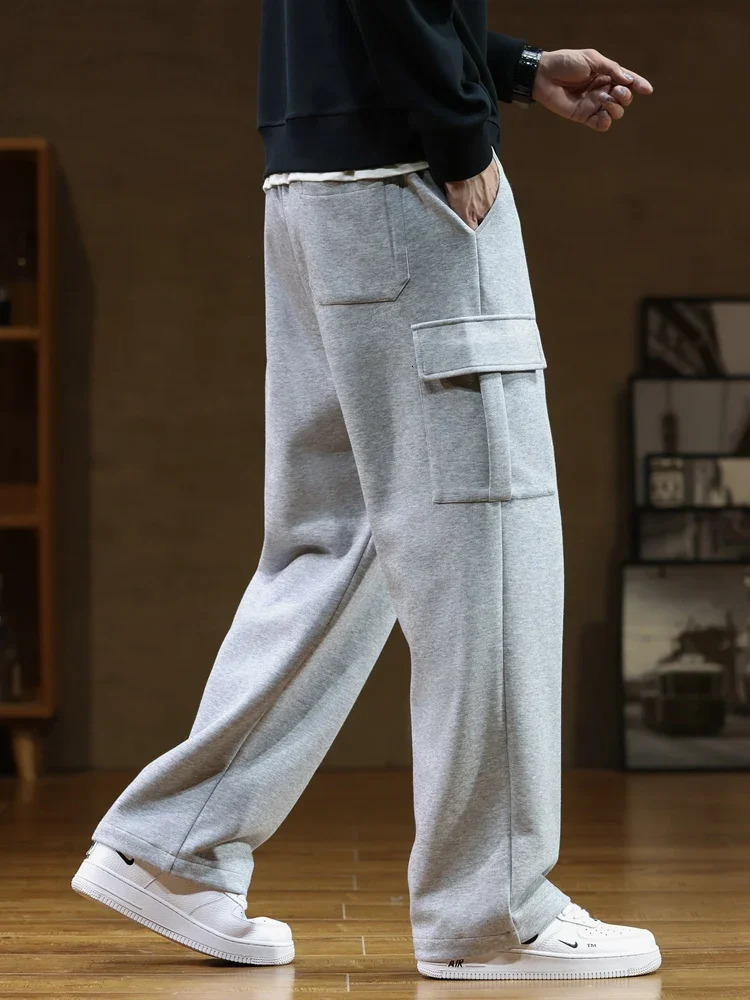 Loose Sweatpants Mens Wide Leg Cargo Pants Large Pocket Fashion Casual Straight Street Jogging Trousers Gray Black 241218