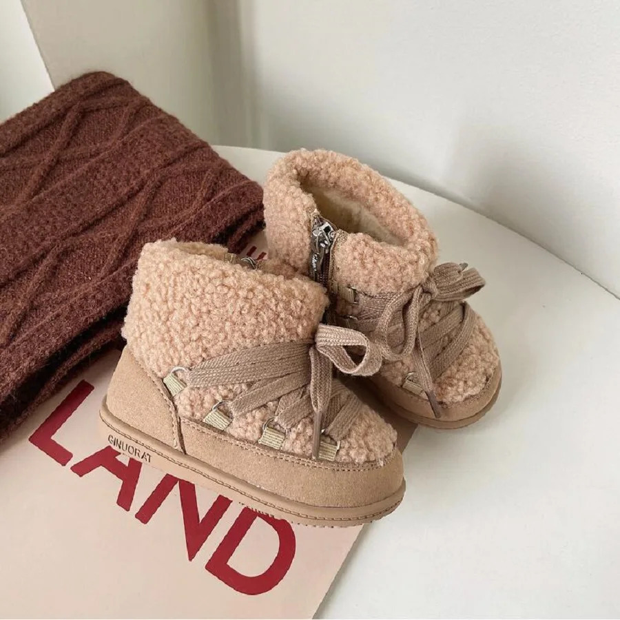 Size 16-30 Girls Cotton Boots Winter Girls Short Boots Lamb Hair Boys Fashion Soft Sole Walking Shoes Camel Grey 241219