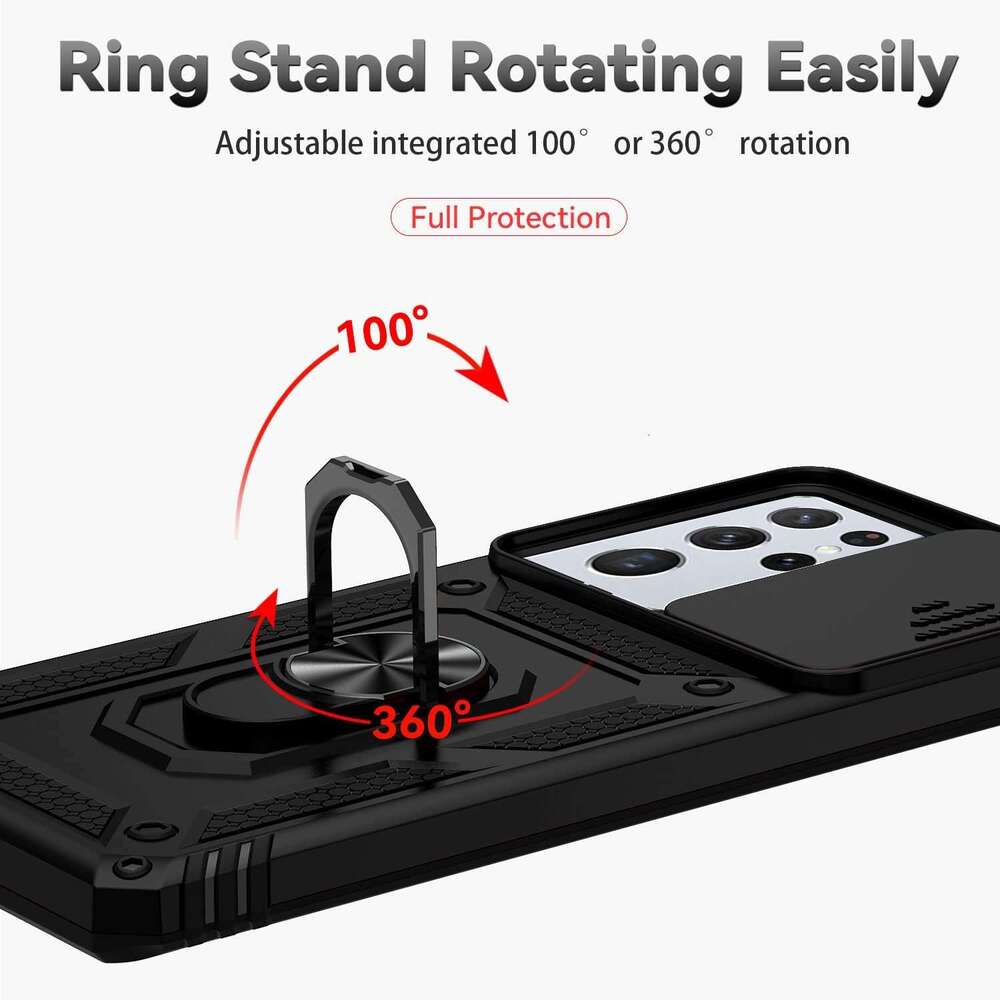 5G with HD Screen Protector Slide Camera Cover Rotated Ring Kickstand, Military-Grade 2 in 1 Phone Case for Galaxy S21 Ultra