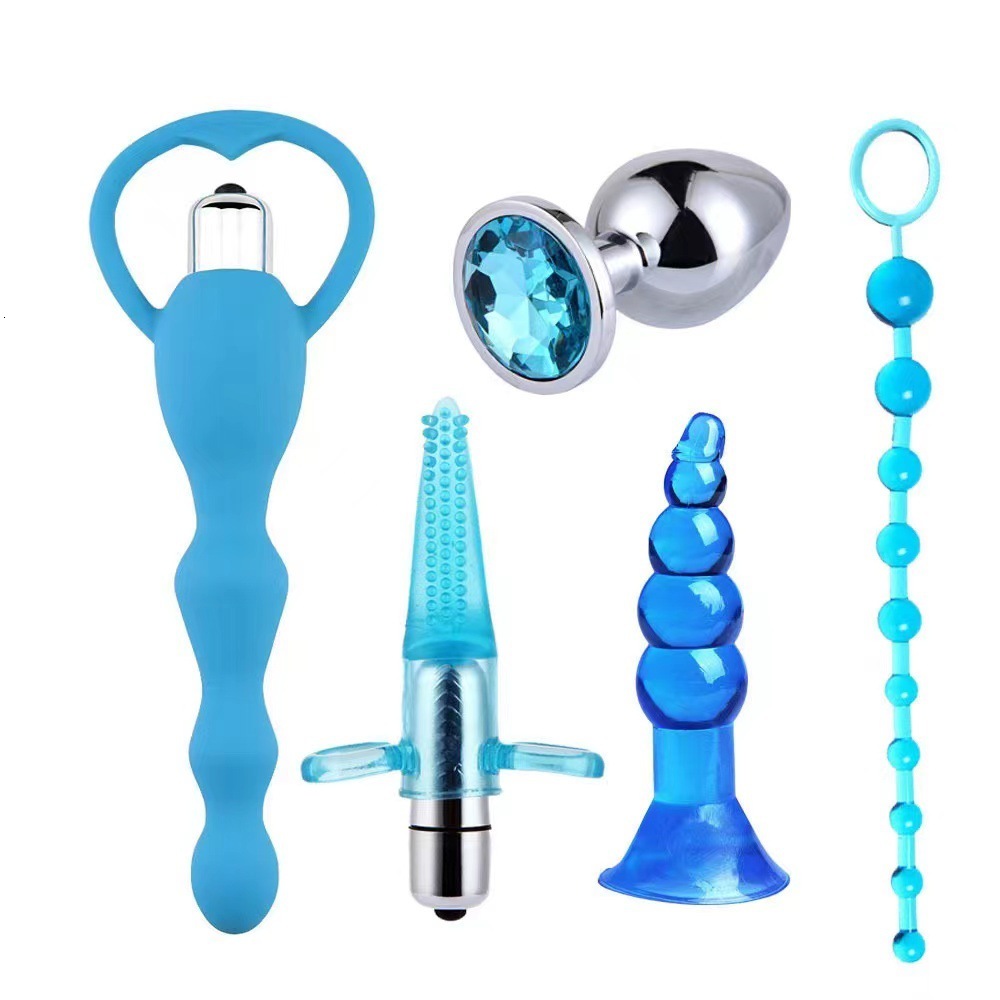 Cross border SM anal plug blue, purple, pink, black, men's and women's silicone pull bead sex master anal plug set