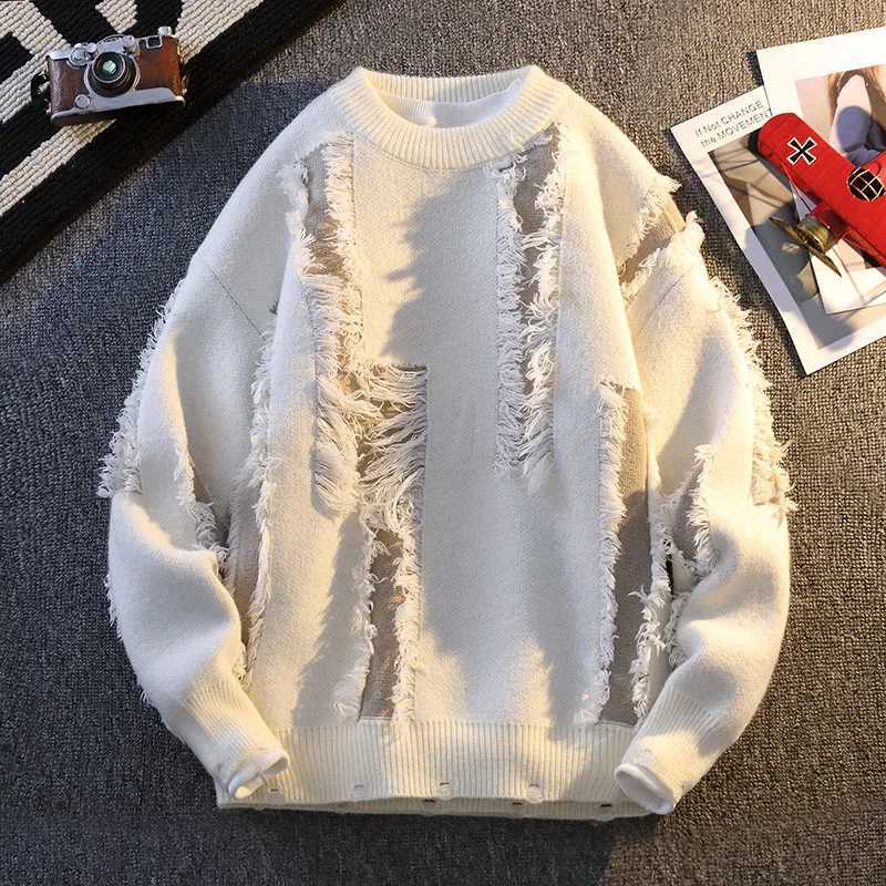 Mens autumn winter round neck threaded sweater knitted floral lantern long sleeved Distressed solid color top W241219