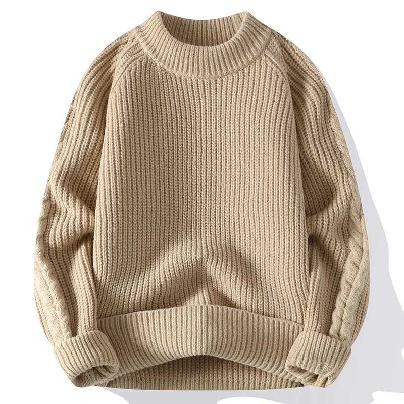 New mens knitted sweater round neck long sleeved Harajuku mens casual latte autumn mens earth color warm sweater W241219