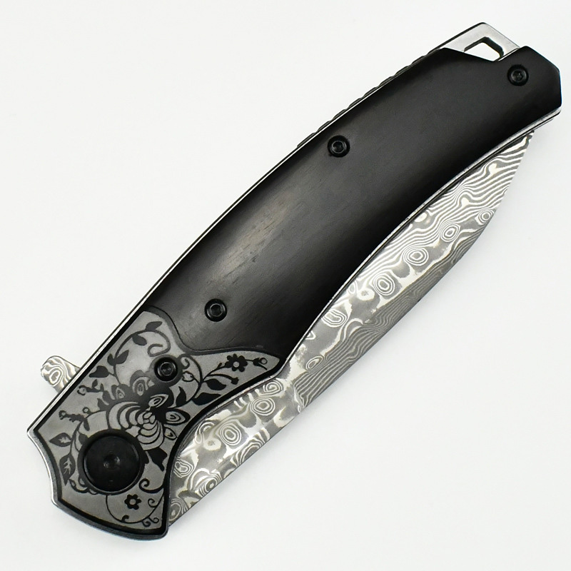 Topq Quality Flipper Folding Knife Damascus Tanto Blade Wood with Steel Handle Ball Bearing Outdoor EDC Pocket Knives