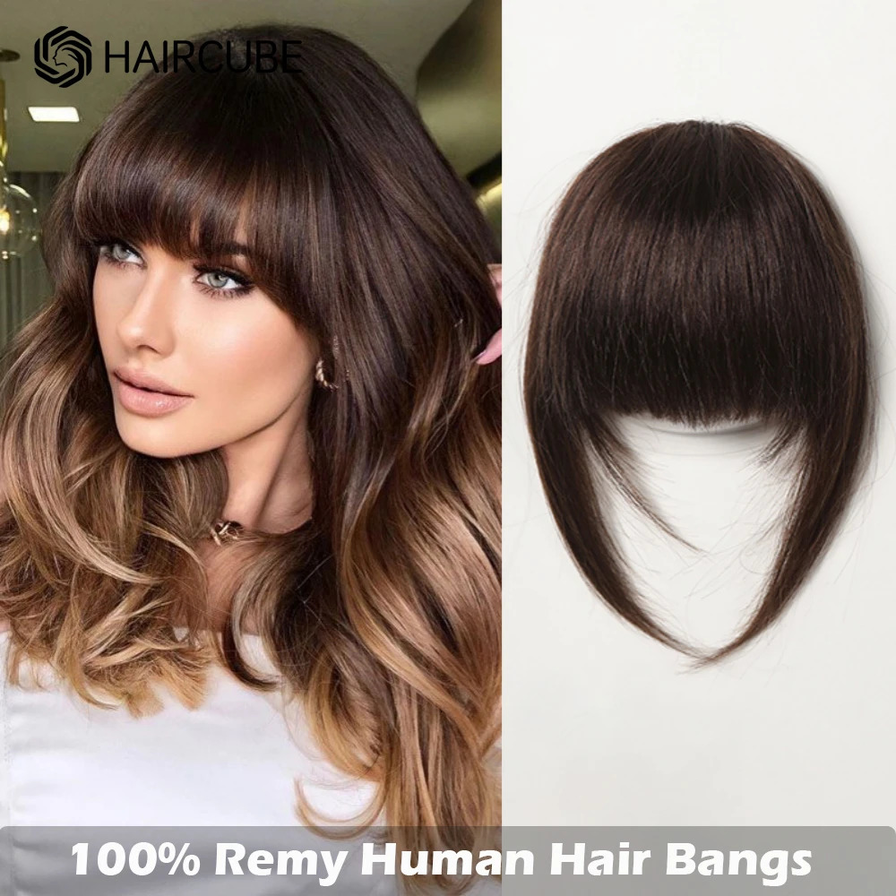 Hair Clip in Bangs 100% Human Hair Extention Natural Dark Brown French Bang Flat Neat Fake Thick Hairpieces Bang for Women Daily 241219
