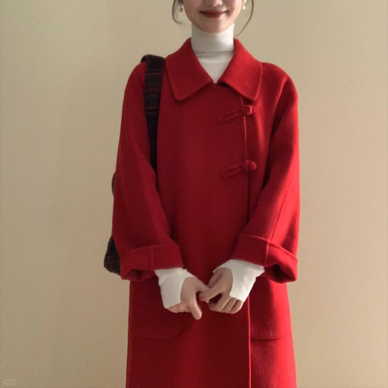 D5068 Retro red coat for women autumn and winter new Hepburn style small size medium long woolen coat