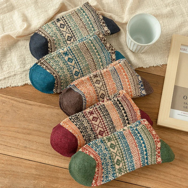 5 Pairs Lot Pack Women Socks Autumn Winter Snow Thickened Thermal Warm Folk-custom Retro Nordic Style Wool Socks Christmas Gift 241223