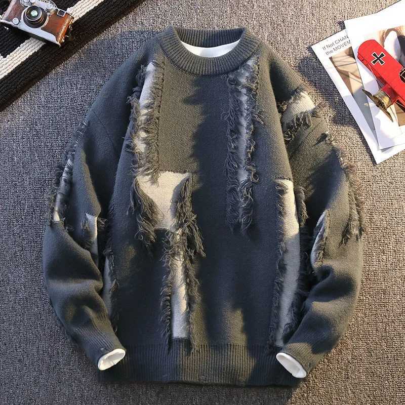 Mens autumn winter round neck threaded sweater knitted floral lantern long sleeved Distressed solid color top W241219