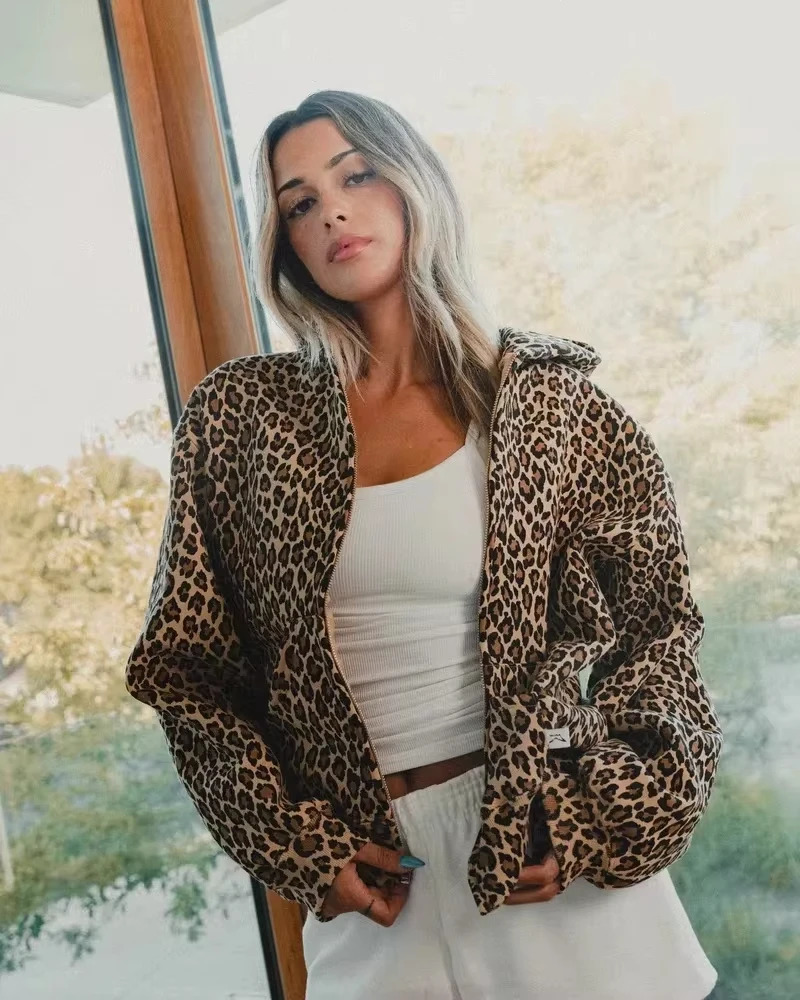 American Y2K Fleece Padded Leopard Zipper Hoodie Women Street Fashion Trend Warm Sweatshirt Couple Casual Loose Punk Hoodie 241217