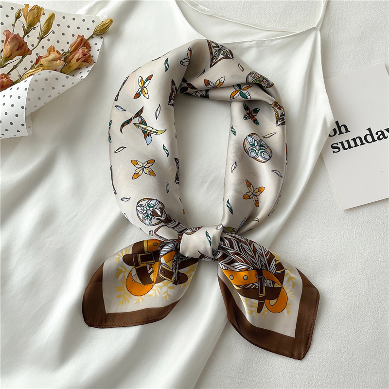 Scarves 70cm Simple Geometry Printing Floral imitate Silk Scarf Headband for Women Girls Fashion Long Handle Bag Scarves Paris Shoulder Ribbon Head Wraps