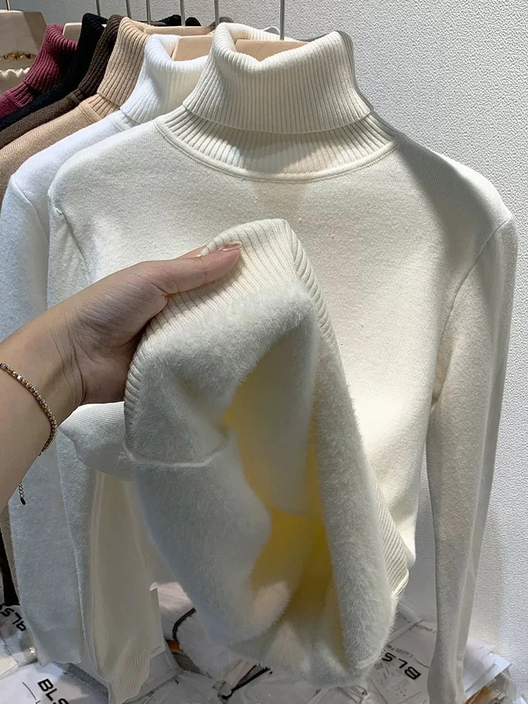 Turtleneck Winter Sweater Womens Elegant Thick Velvet Lining Warm Suede Knitted Lanhua Ultra Thin Top y241211