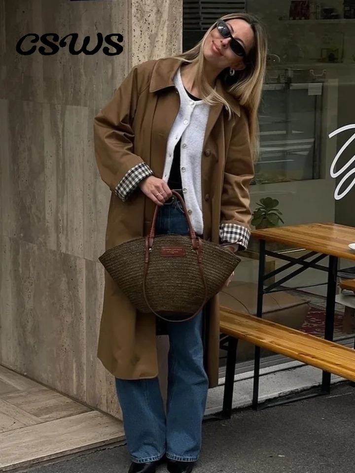 Elegant Plaid Lapel Long Windbreaker Women Fashion Single Breasted Full Sleeve Solid Coat 2024 Autumn Lady High Street Outwear 241219