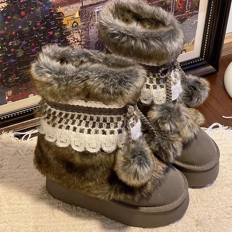 New Butterfly Knot Fur Snow Boots Women's Flat Heels Designer Winter Suede Flat Shoes Warm 2025 New Brand Fashion Sweet